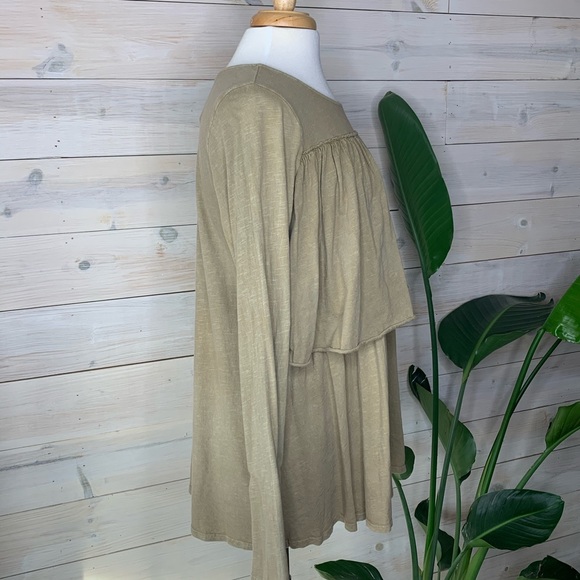 SOLD! Tan Acid Washed Top with Wide Long Sleeves and Ruffle Detailing - Picture 3 of 10